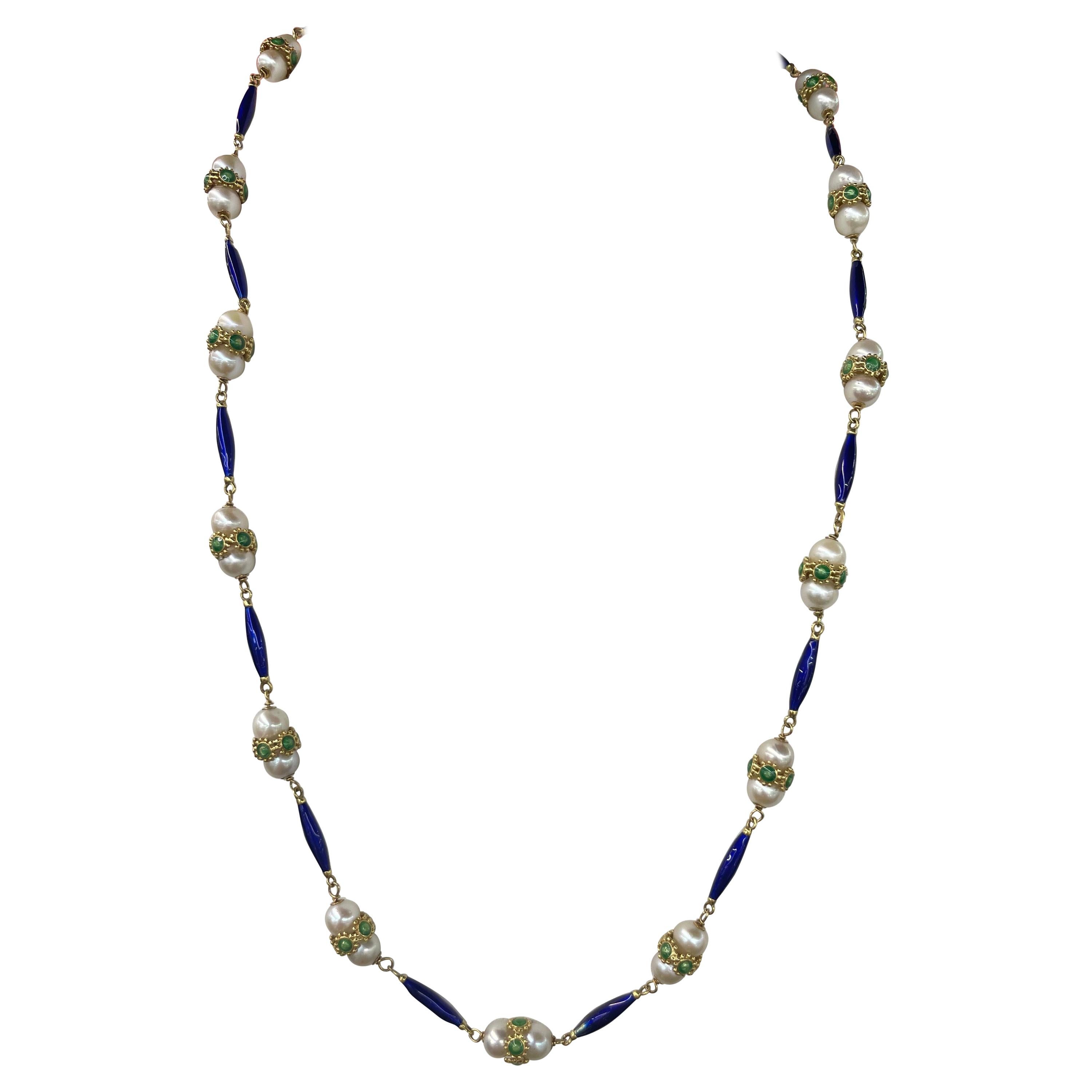 Vintage Green & Blue Enamel Pearl Necklace 18 Karat Yellow Gold For Sale