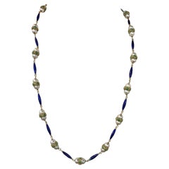 Retro Green & Blue Enamel Pearl Necklace 18 Karat Yellow Gold