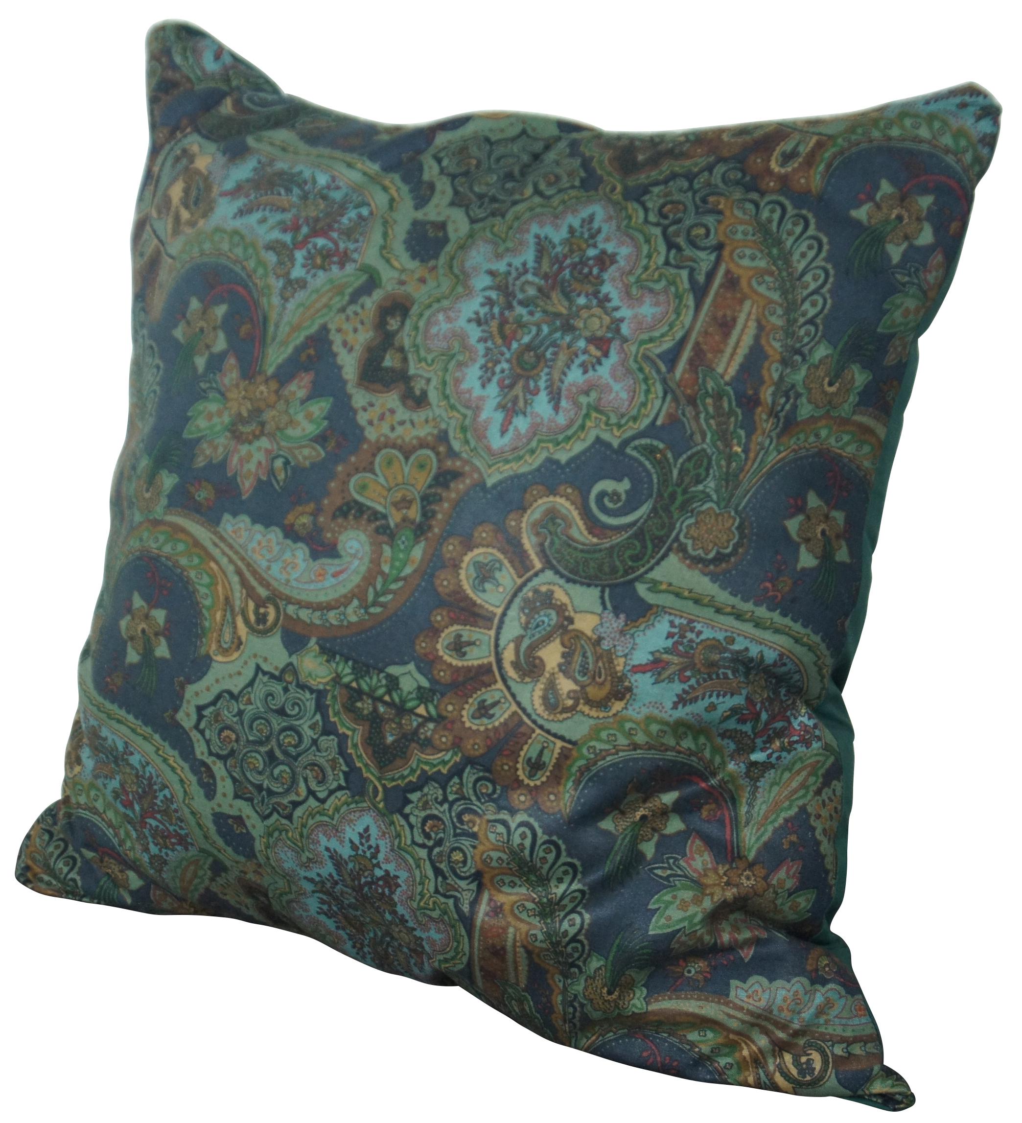 Vintage Green & Blue Linen Paisley Throw Accent Pillow Fiber Fill In Good Condition For Sale In Dayton, OH