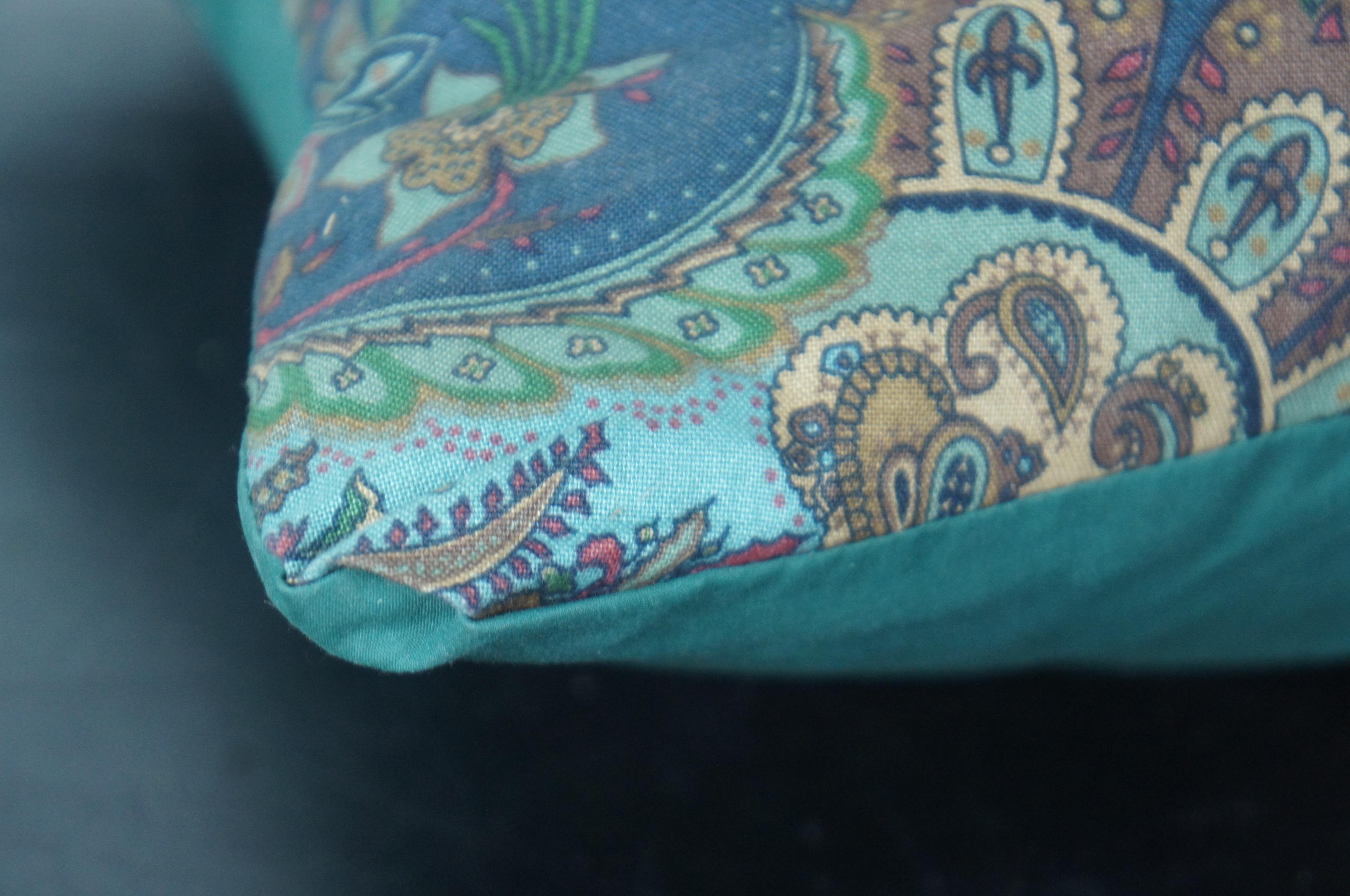 Vintage Green & Blue Linen Paisley Throw Accent Pillow Fiber Fill For Sale 1