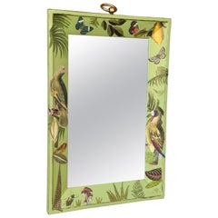 Vintage Green Botanical Decoupage Wall Mirror With Tropical Birds & Butterflies