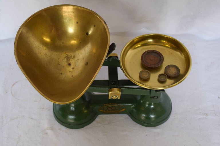 Vintage Green British Weight Balance Scale with Counterweights at 1stDibs