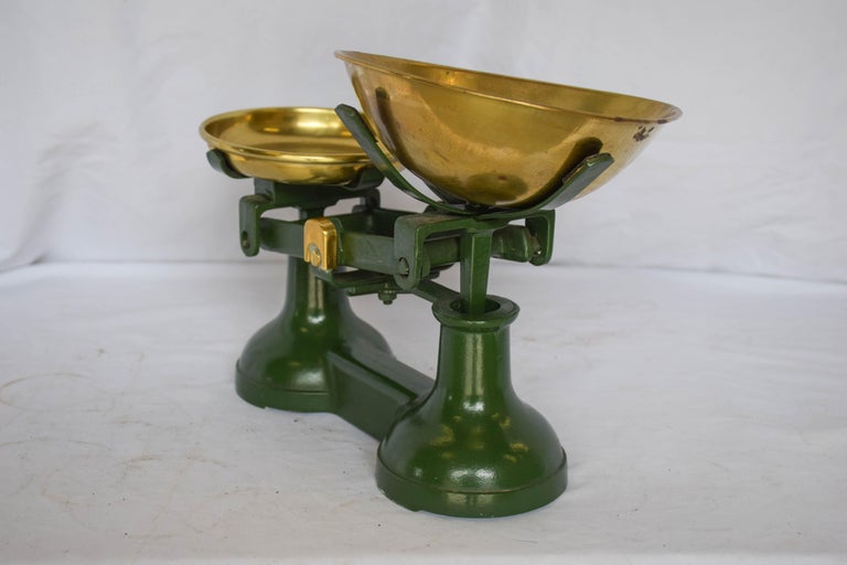 Vintage Green British Weight Balance Scale with Counterweights For Sale