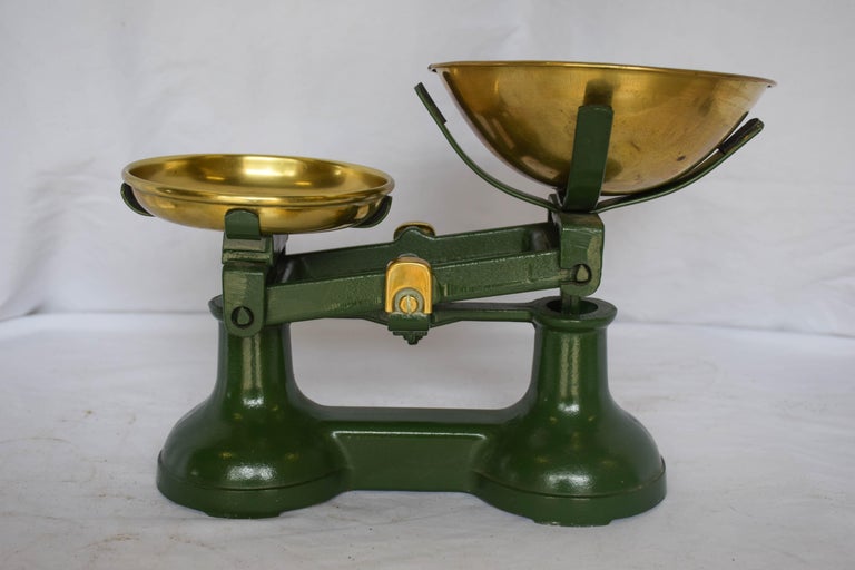 Vintage Green British Weight Balance Scale with Counterweights For Sale