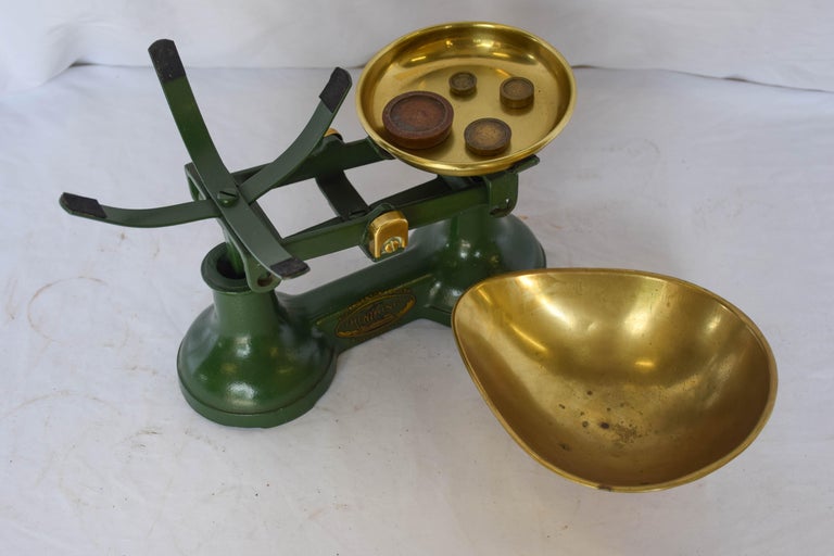 Vintage Green British Weight Balance Scale with Counterweights For Sale