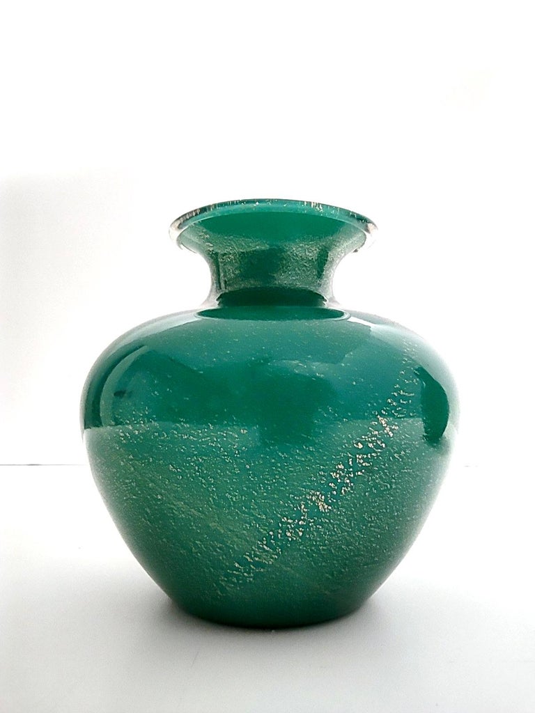 Vintage Green Cased Alga Glass Vase with Gold Leaf by Tomaso Buzzi for