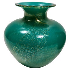 Vintage Green Cased Alga Glass Vase with Gold Leaf by Tomaso Buzzi for Venini