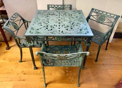 Vintage Green Cast Aluminum 5 Pc Patio Outdoor Dining Set, Table and Four Chairs