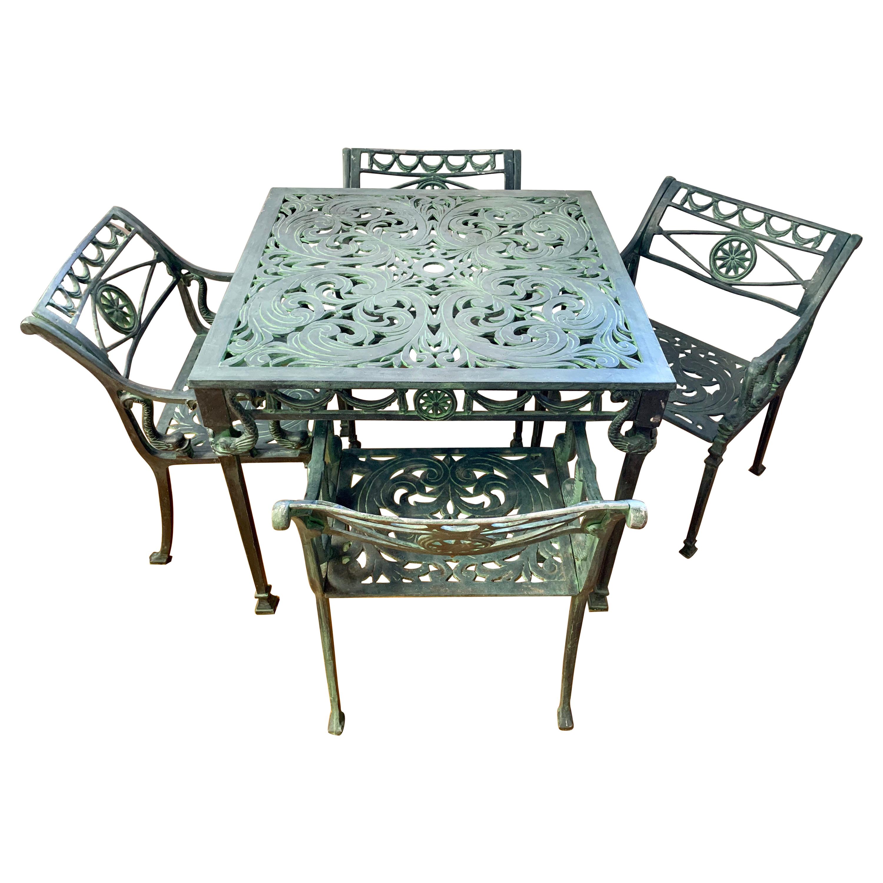 Vintage Green Cast Aluminum 5 Pc Patio Outdoor Dining Set, Table and Four Chairs
