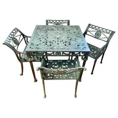 Vintage Green Cast Aluminum 5 Pc Patio Outdoor Dining Set, Table and Four Chairs