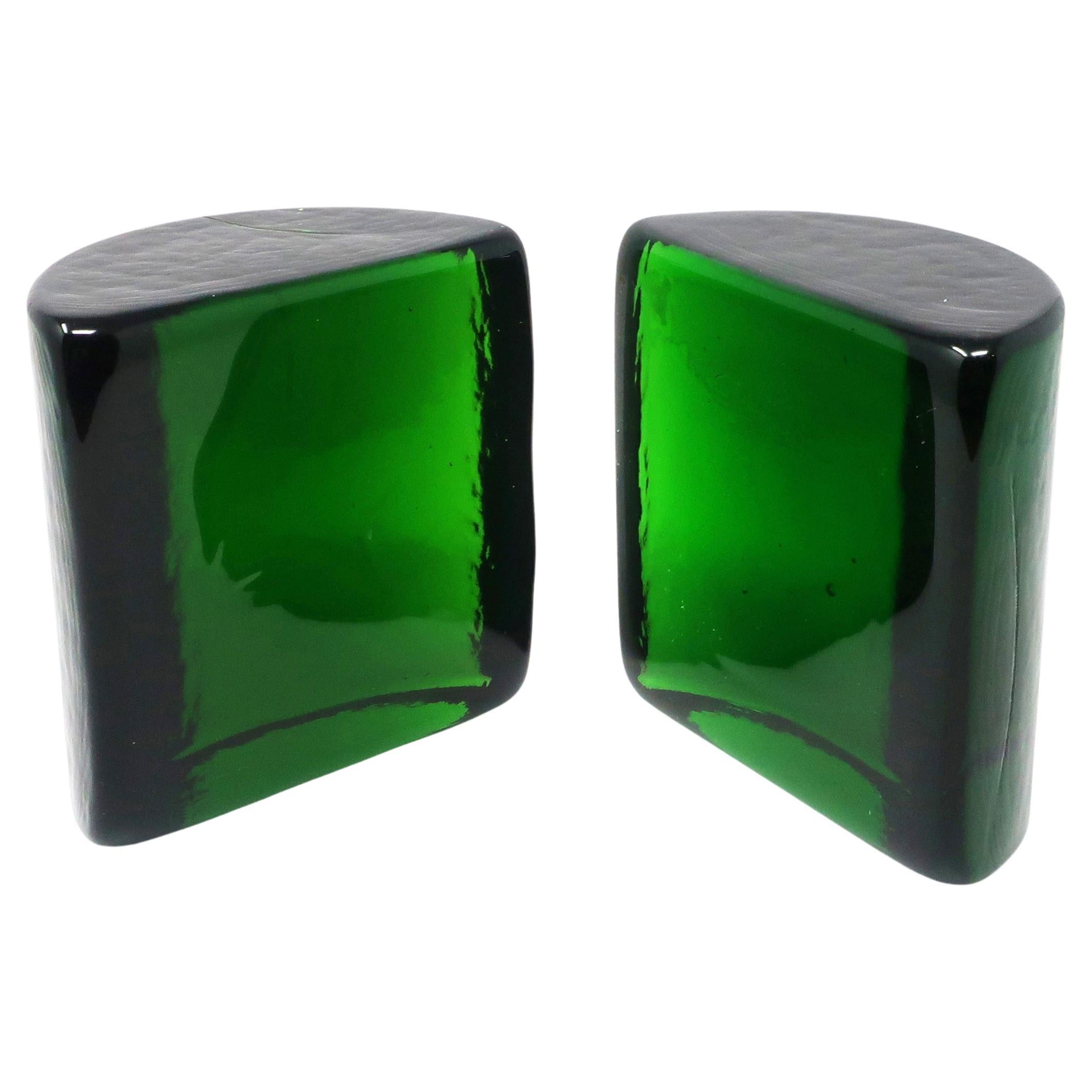 Vintage Green Cast Glass Bookends by Blenko