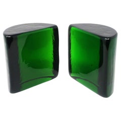 Vintage Green Cast Glass Bookends by Blenko