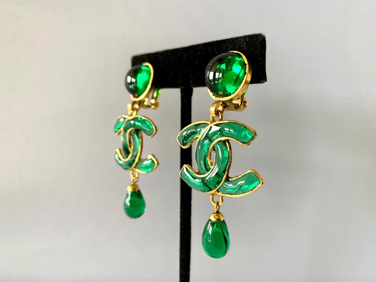 Vintage Green CC Logo Chanel Statement Earrings at 1stDibs