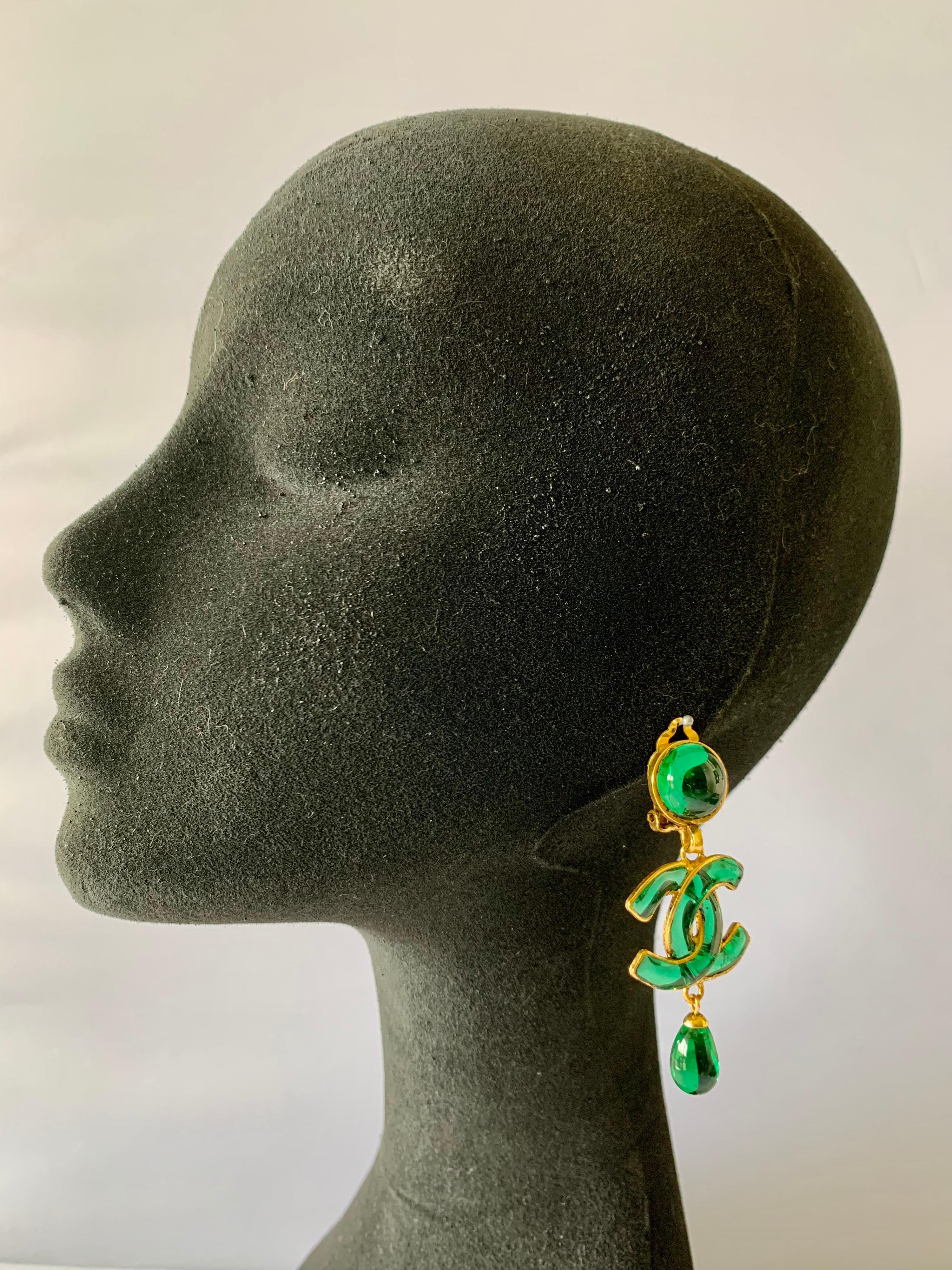 Vintage Green CC Logo Chanel Statement Earrings  In Excellent Condition In Palm Springs, CA