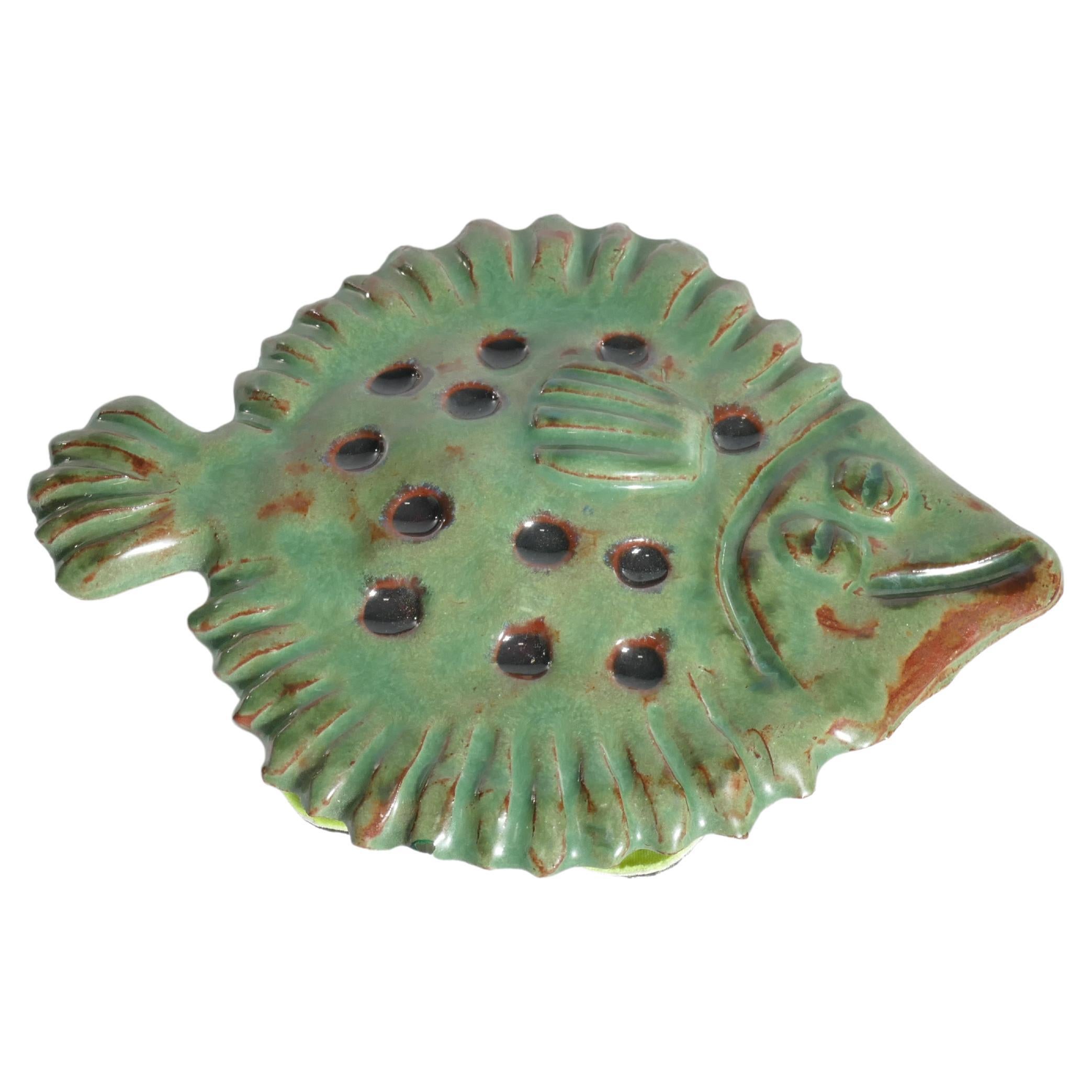 Vintage Green Ceramic Flounder Fish by Allan Hellman, Sweden 1981 For Sale