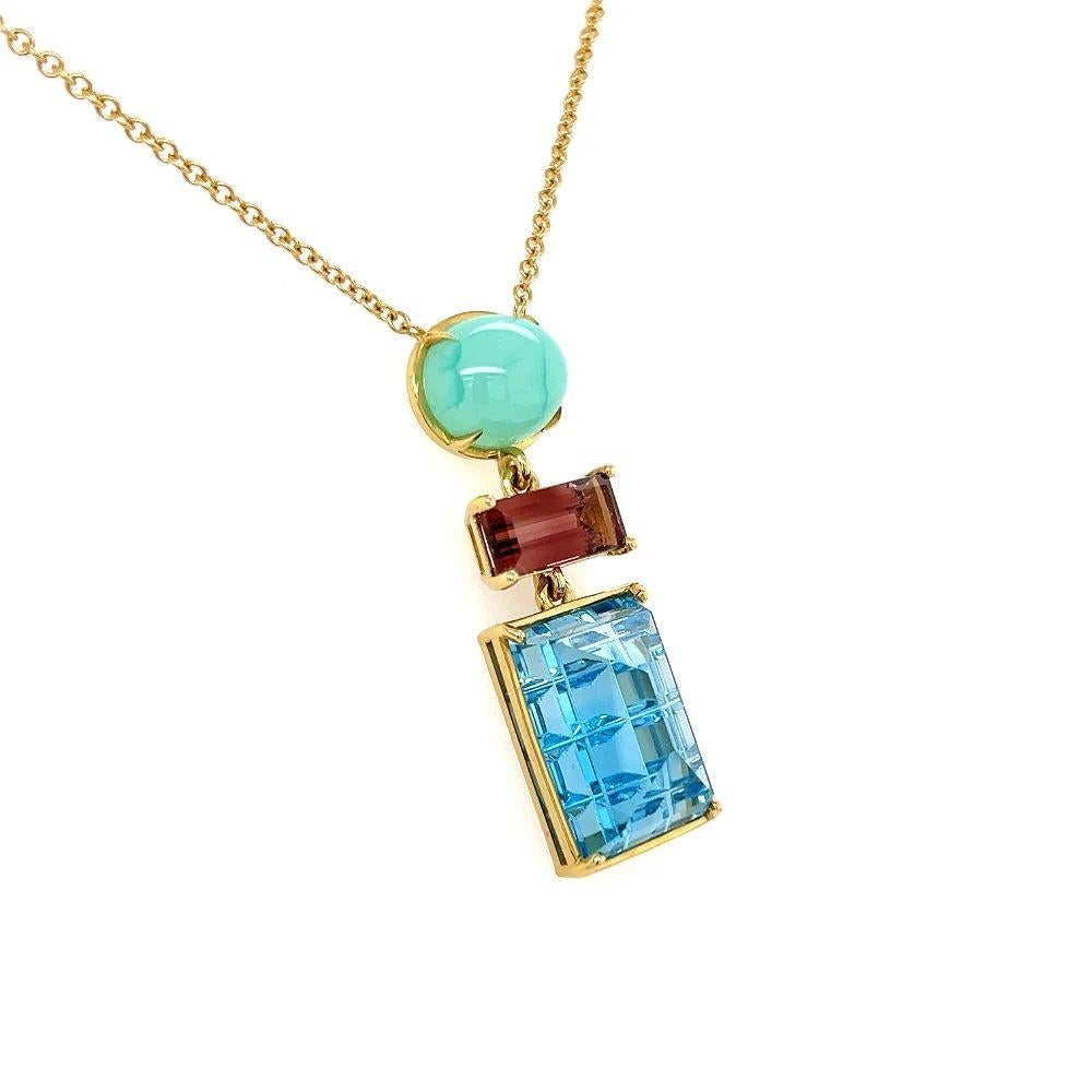 Simply Beautiful! Green Chalcedony, Red Tourmaline and Blue Topaz Vintage Drop Pendant Necklace. Featuring securely Hand set Vibrant Green Chalcedony, Bright Red Tourmaline and Dazzling Blue Topaz Gemstones. Suspended from an approx. 18” long 18K