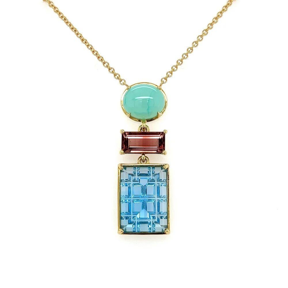 Mixed Cut Vintage Green Chalcedony Red Tourmaline & Blue Topaz Gold Drop Pendant Necklace For Sale