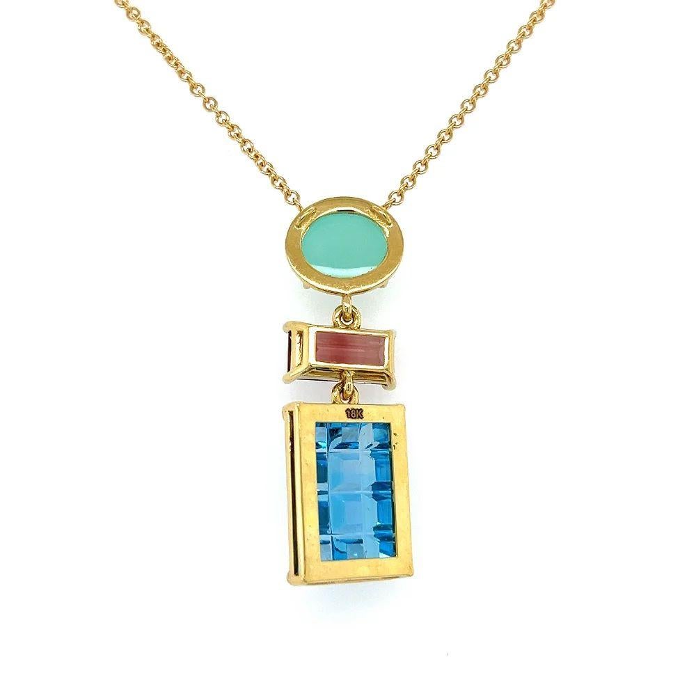 Vintage Green Chalcedony Red Tourmaline & Blue Topaz Gold Drop Pendant Necklace In Excellent Condition For Sale In Montreal, QC