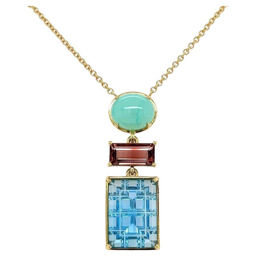 Vintage Green Chalcedony Red Tourmaline & Blue Topaz Gold Drop Pendant Necklace