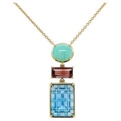 Vintage Green Chalcedony Red Tourmaline & Blue Topaz Gold Drop Pendant Necklace