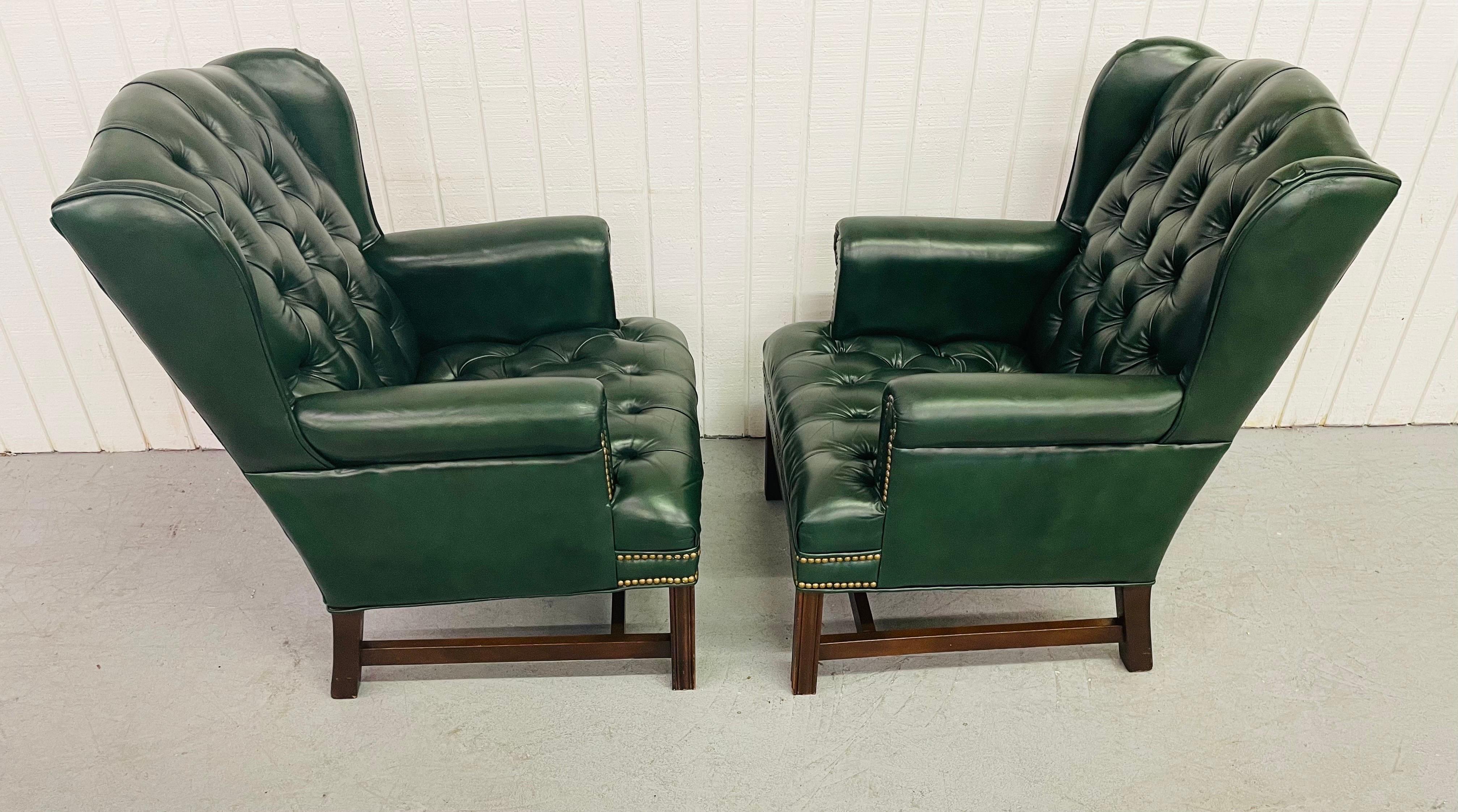 Vintage Green Chesterfield Wingback Leather Arm Chairs In Good Condition In Clarksboro, NJ