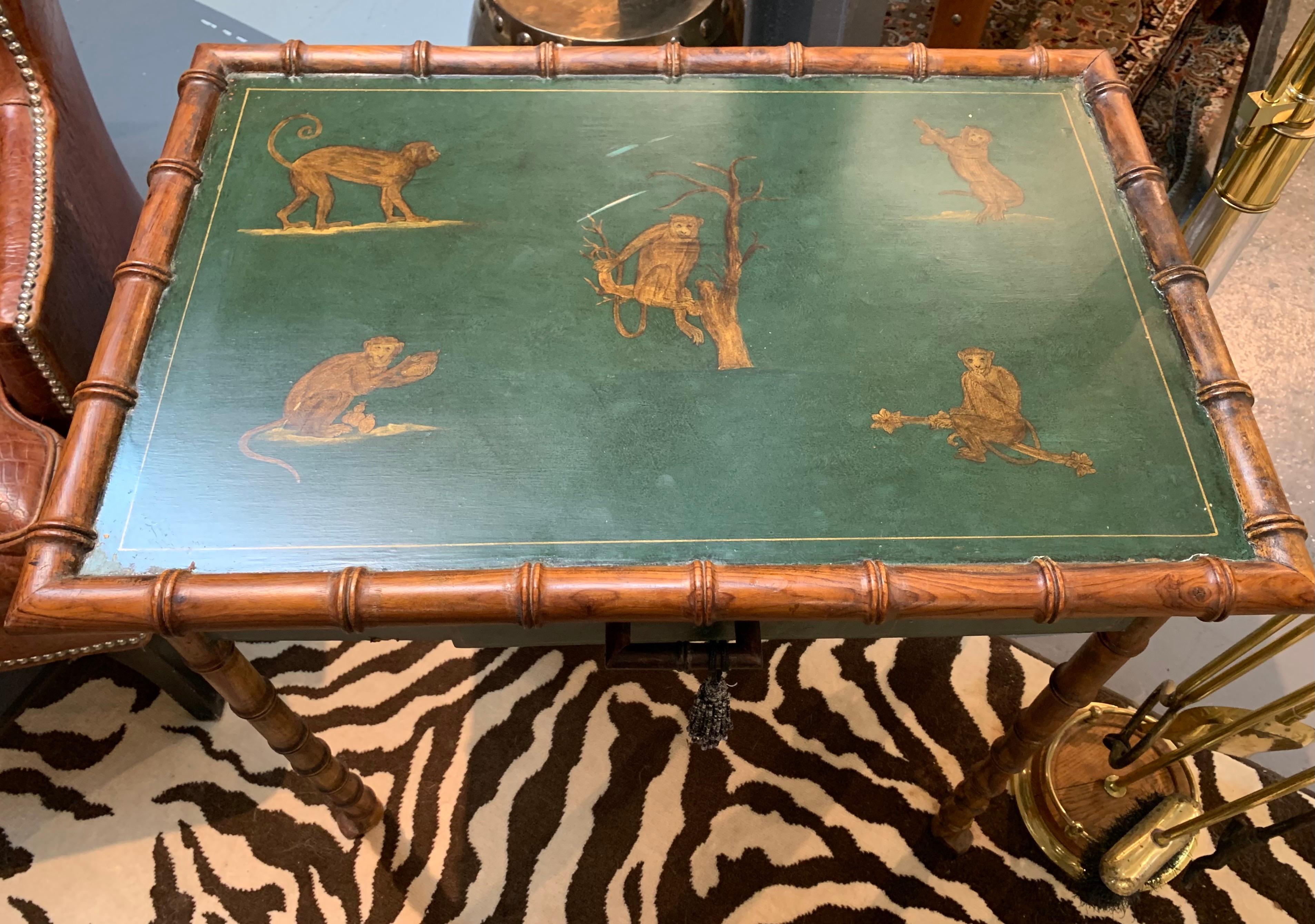 Vintage Green Chinoiserie Faux Bamboo Writing Desk In Good Condition In West Hartford, CT