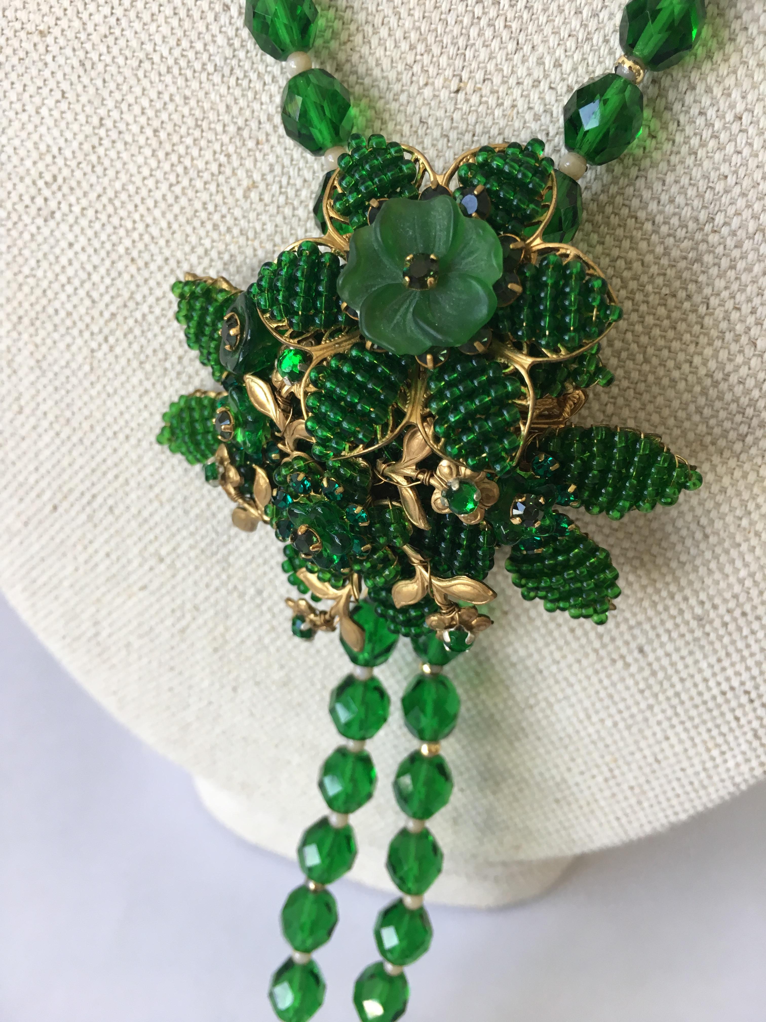 20th Century Vintage Green Crystal Necklace with Pin Attributed to Hagler