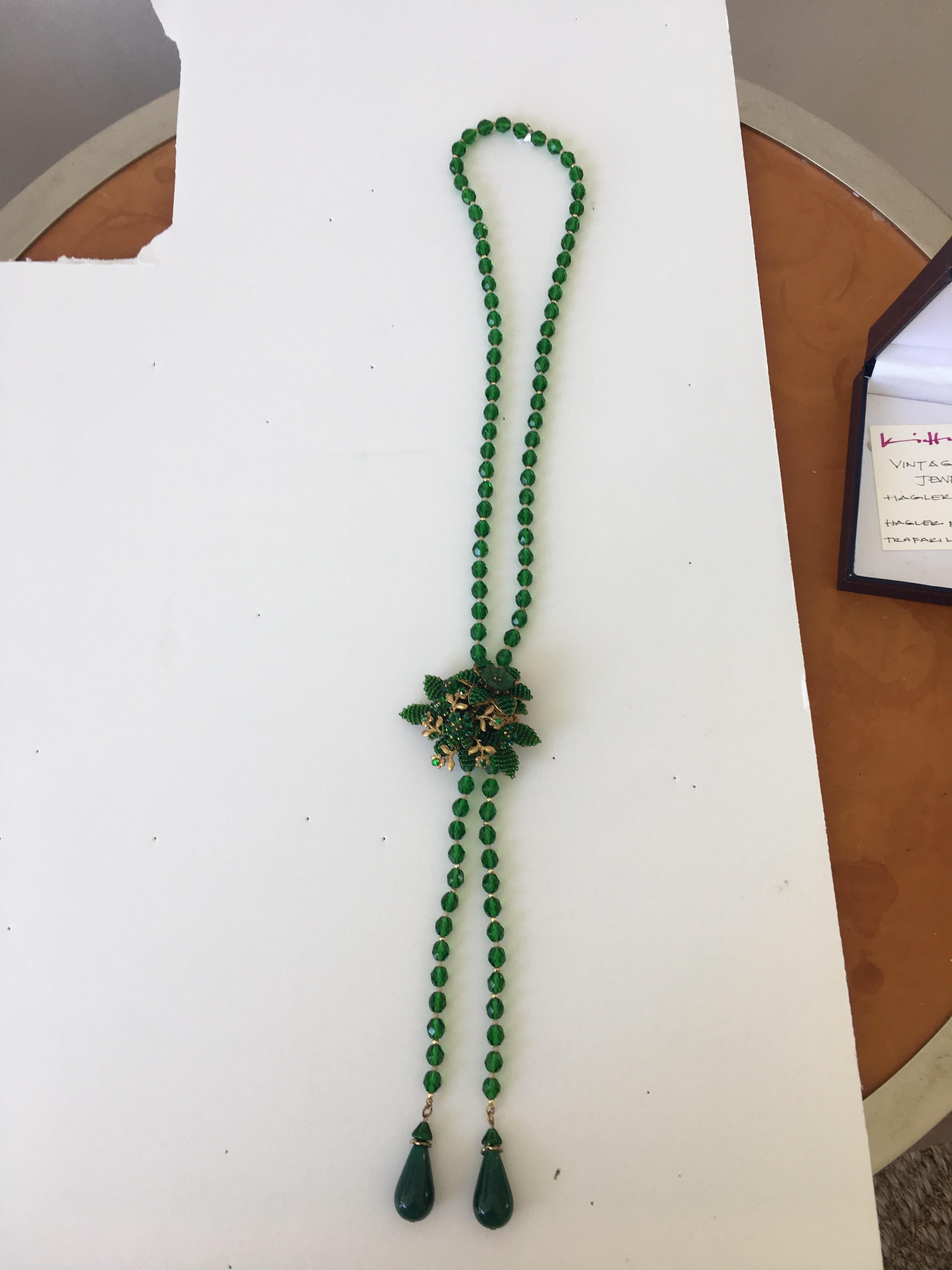Vintage Green Crystal Necklace with Pin Attributed to Hagler 1