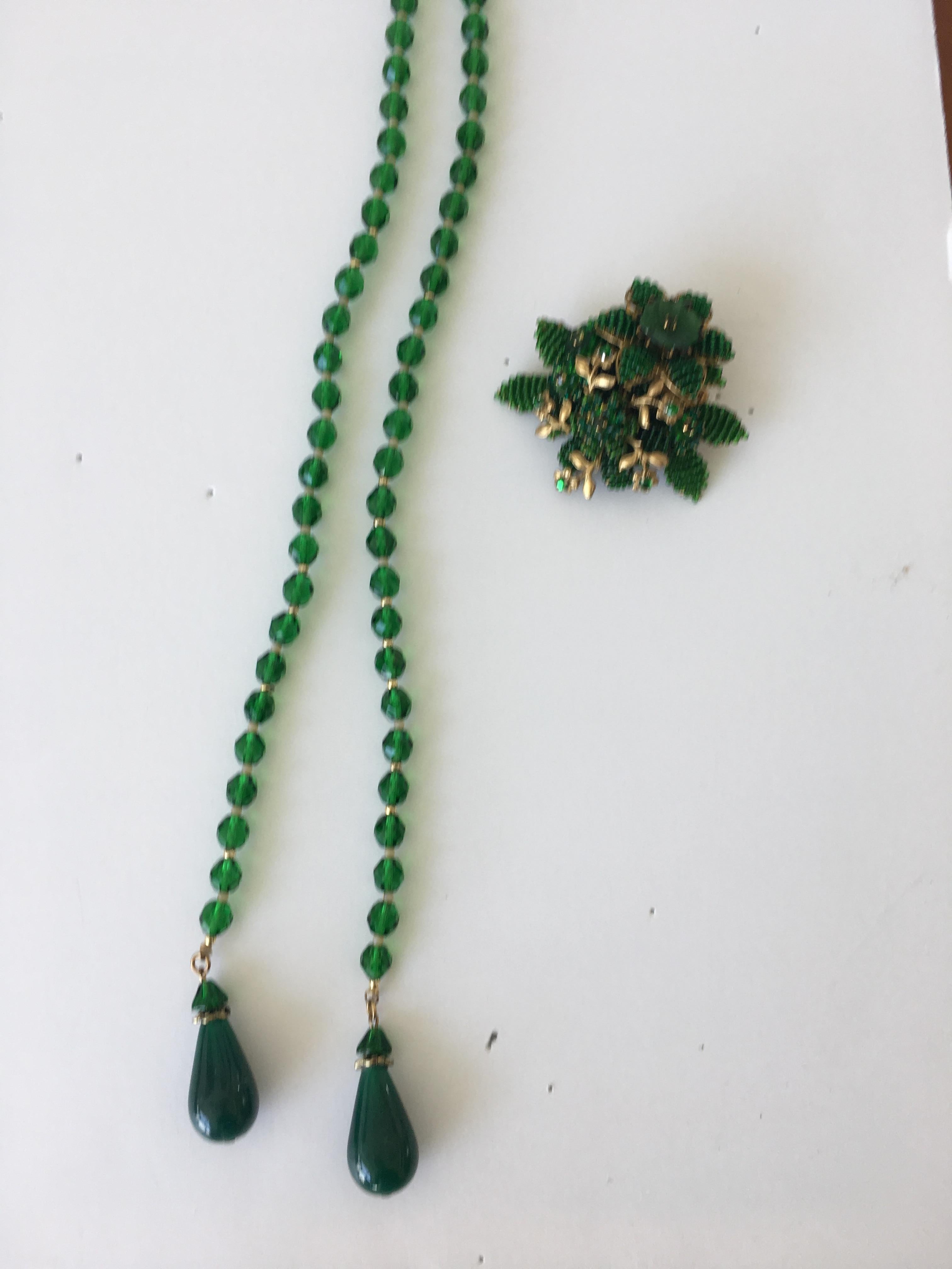 Vintage Green Crystal Necklace with Pin Attributed to Hagler 3