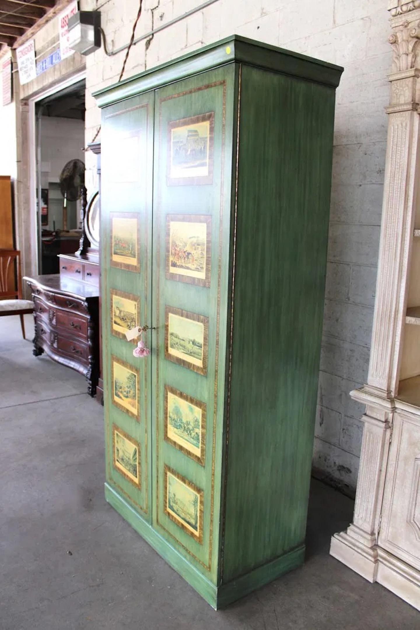 Vintage Grün Dekorateur Schrank mit Currier & Ives Szenen (Volkskunst) im Angebot