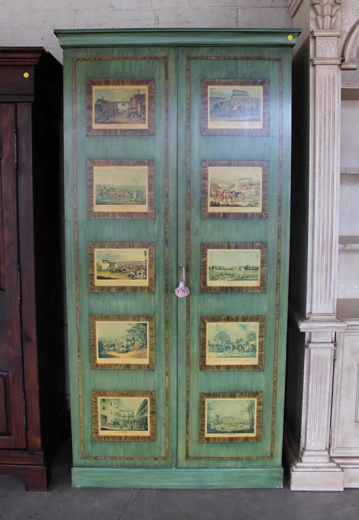 Vintage Grün Dekorateur Schrank mit Currier & Ives Szenen (Holz) im Angebot