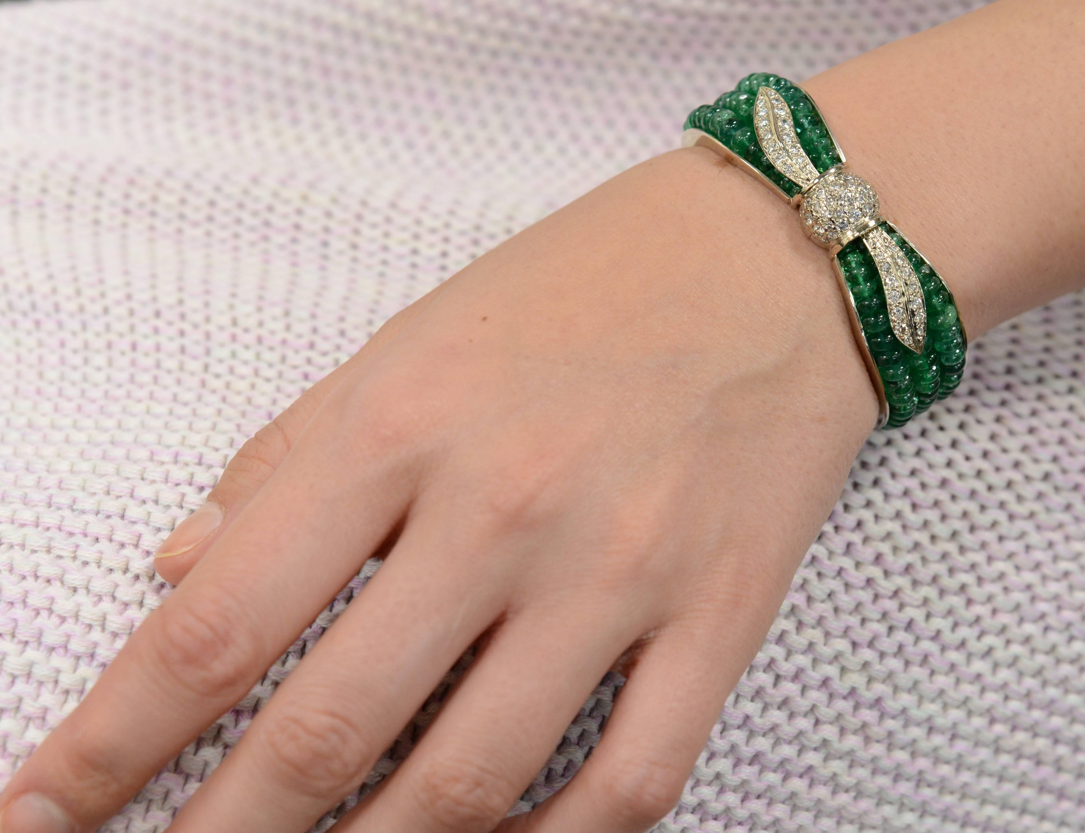 Vintage Green Emerald and White Diamonds Ladies White Gold Bangle Bracelet 1