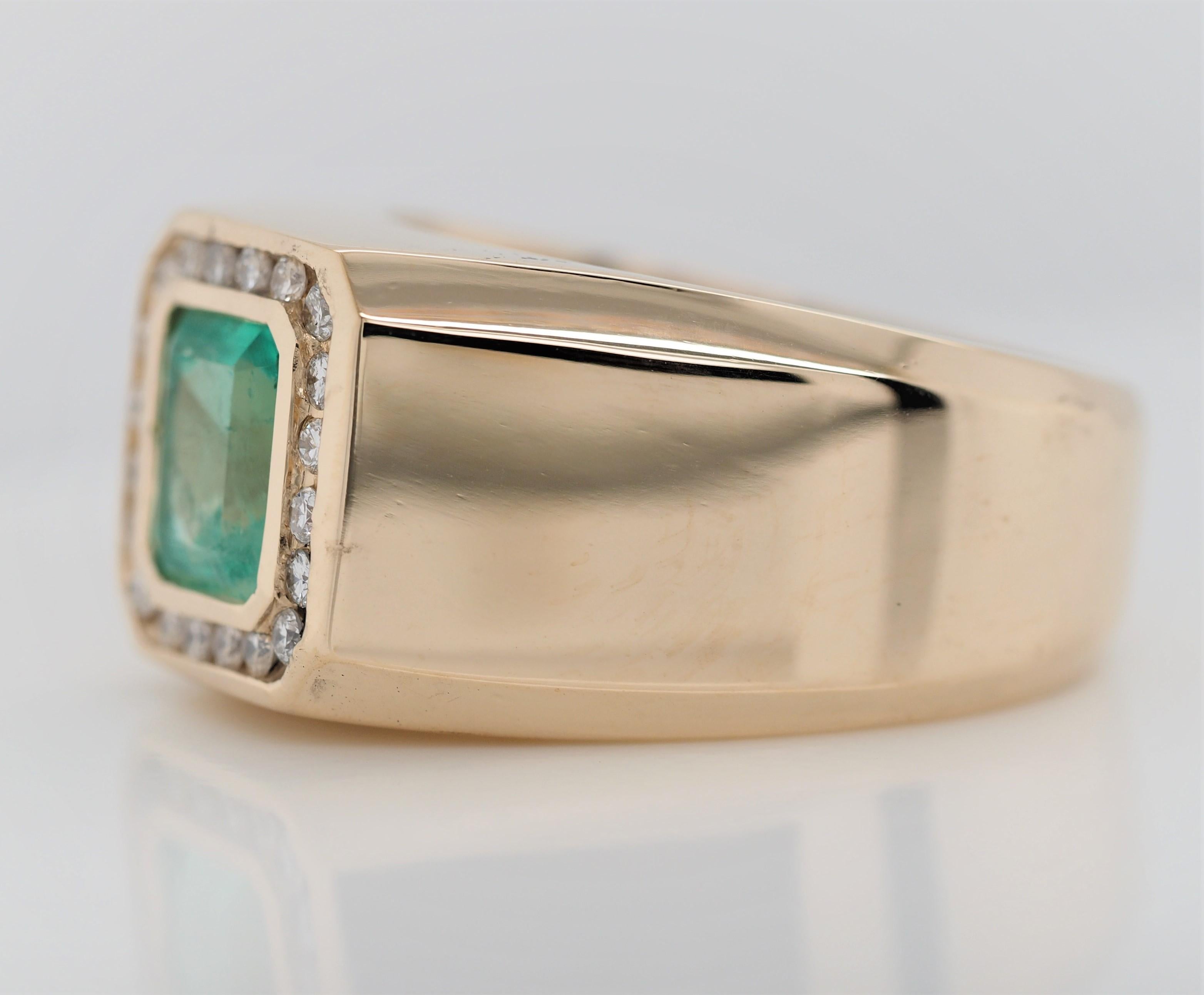 Emerald Cut Vintage Green Emerald and Diamond 14 Karat Yellow Gold Ring