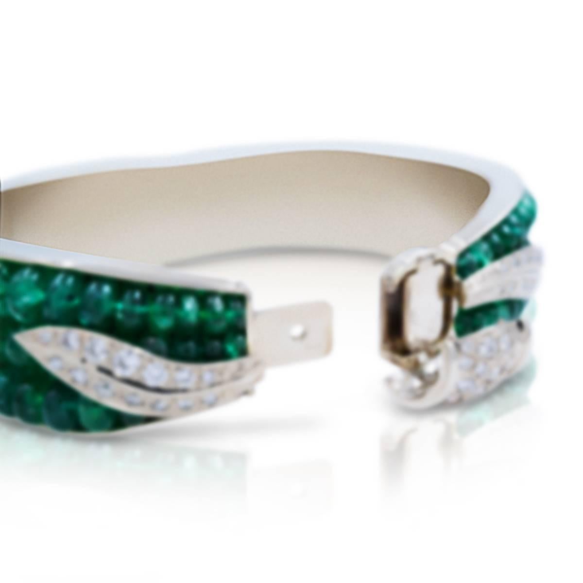 Women's Vintage Green Emerald and White Diamonds Ladies White Gold Bangle Bracelet