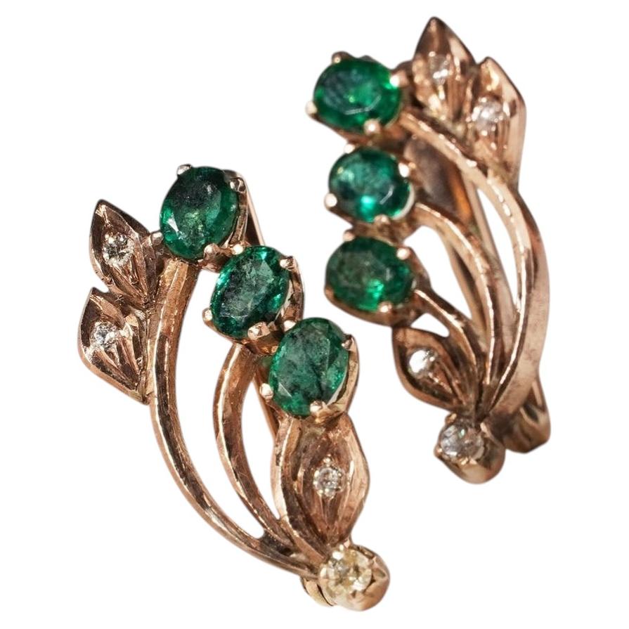 Vintage Green Emerald Diamond Floral Leaf Earrings 10k Rose Gold For Sale