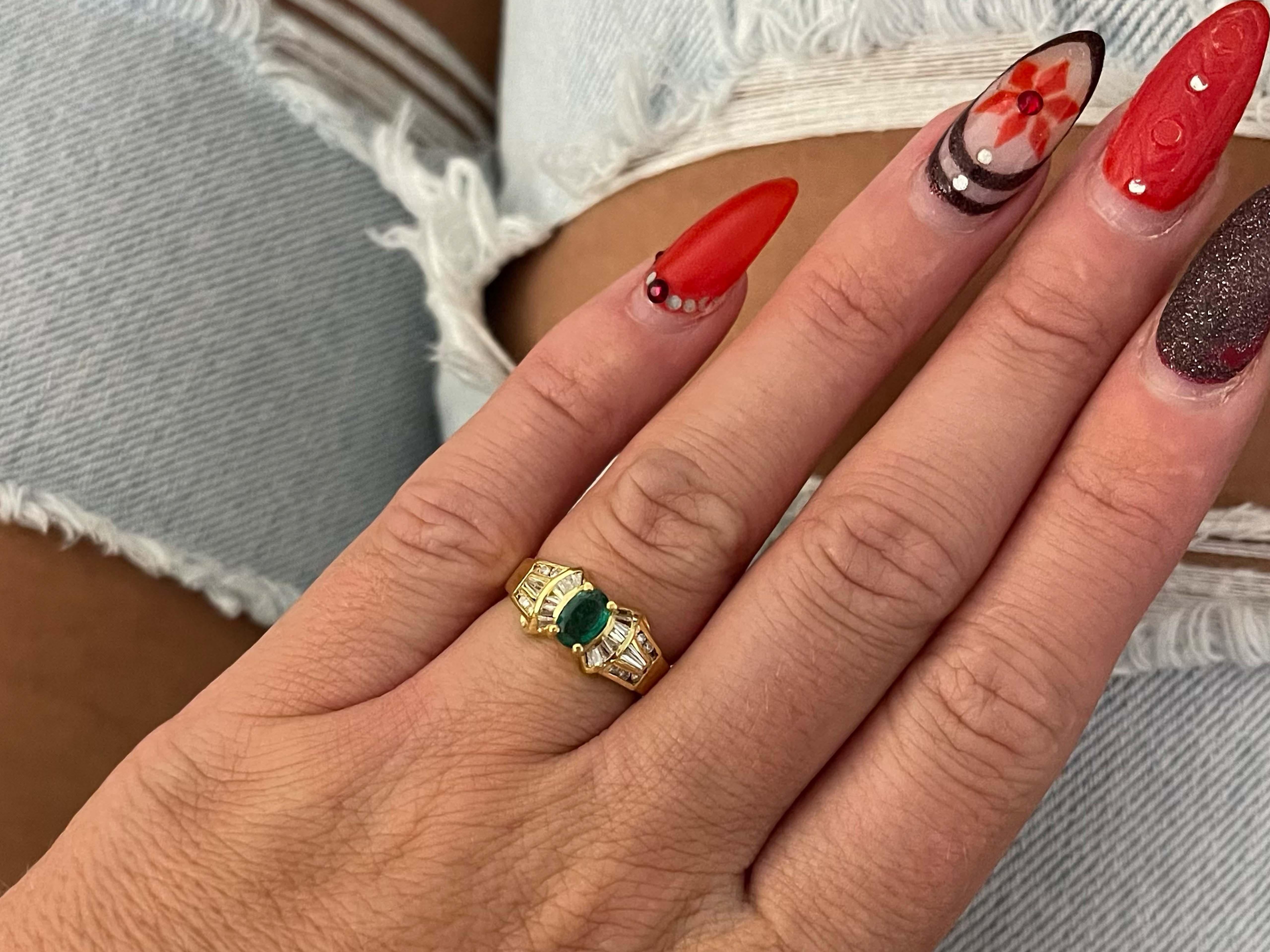 Item Specifications:

Metal: 14K Yellow Gold

Style: Statement Ring

Ring Size: 5.5 (resizing available for a fee)

Total Weight: 3.4 Grams

Ring Height: 8.32 mm

Gemstone Specifications:

Gemstone: 1 Green Emerald

Shape: Oval

Emerald