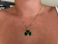 Vintage Green Enamel 3 Leaf Clover Pendant and Box Chain 14K Yellow Gold