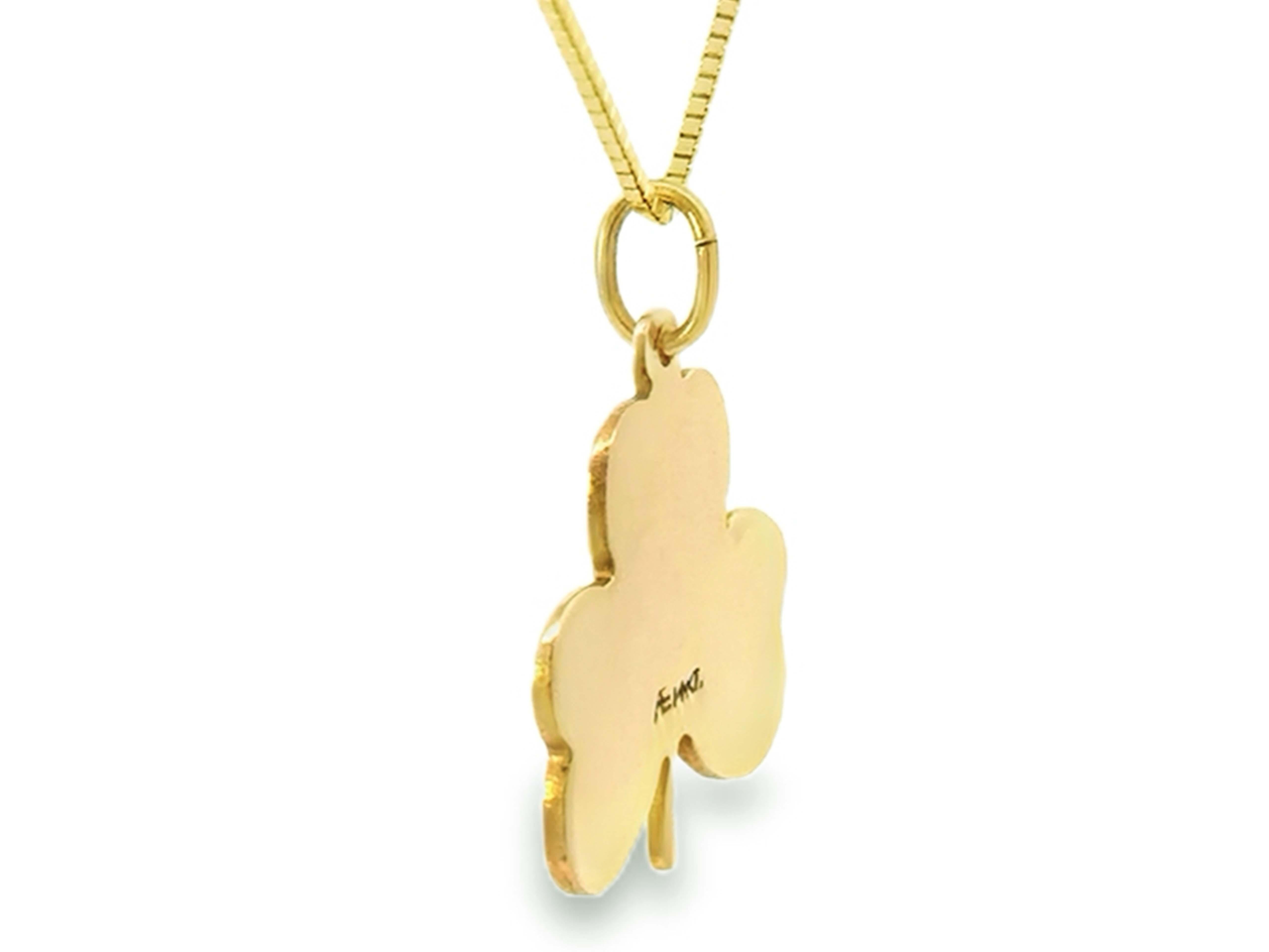 Pendentif trèfle à 3 feuilles et chaîne boîte vintage en or jaune 14 carats et émail vert Pour femmes en vente
