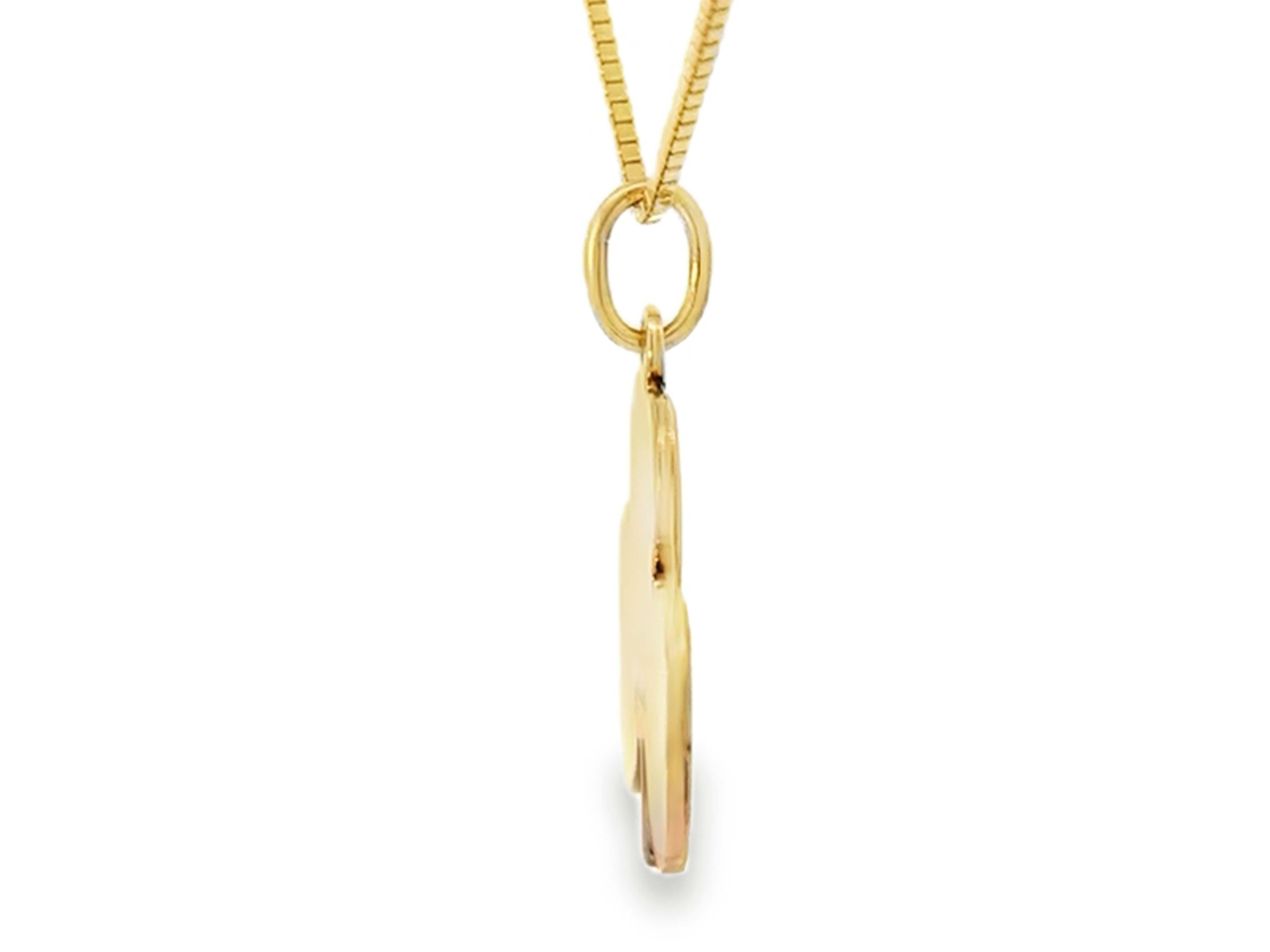Pendentif trèfle à 3 feuilles et chaîne boîte vintage en or jaune 14 carats et émail vert en vente 1