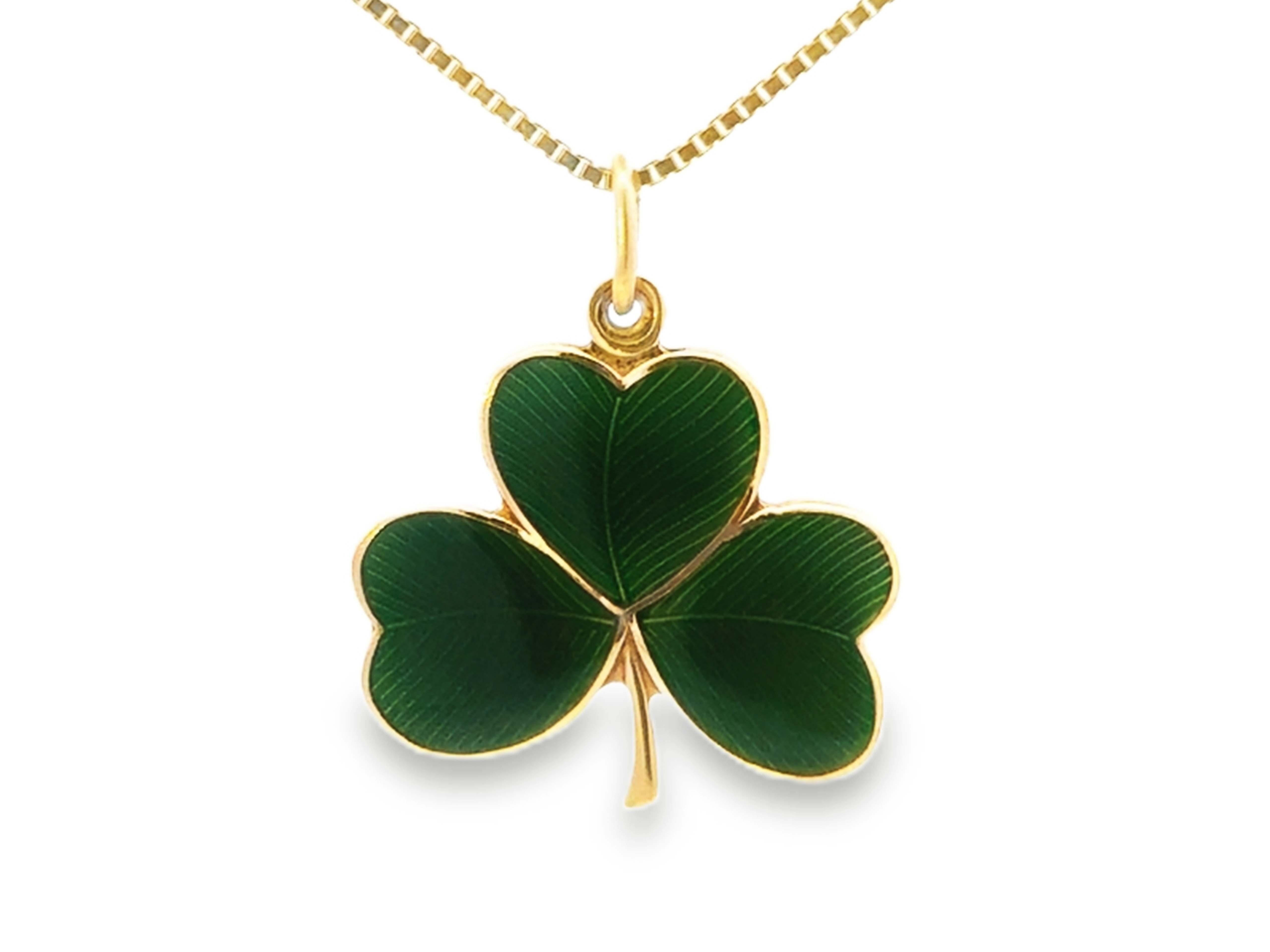 Pendentif trèfle à 3 feuilles et chaîne boîte vintage en or jaune 14 carats et émail vert en vente 3