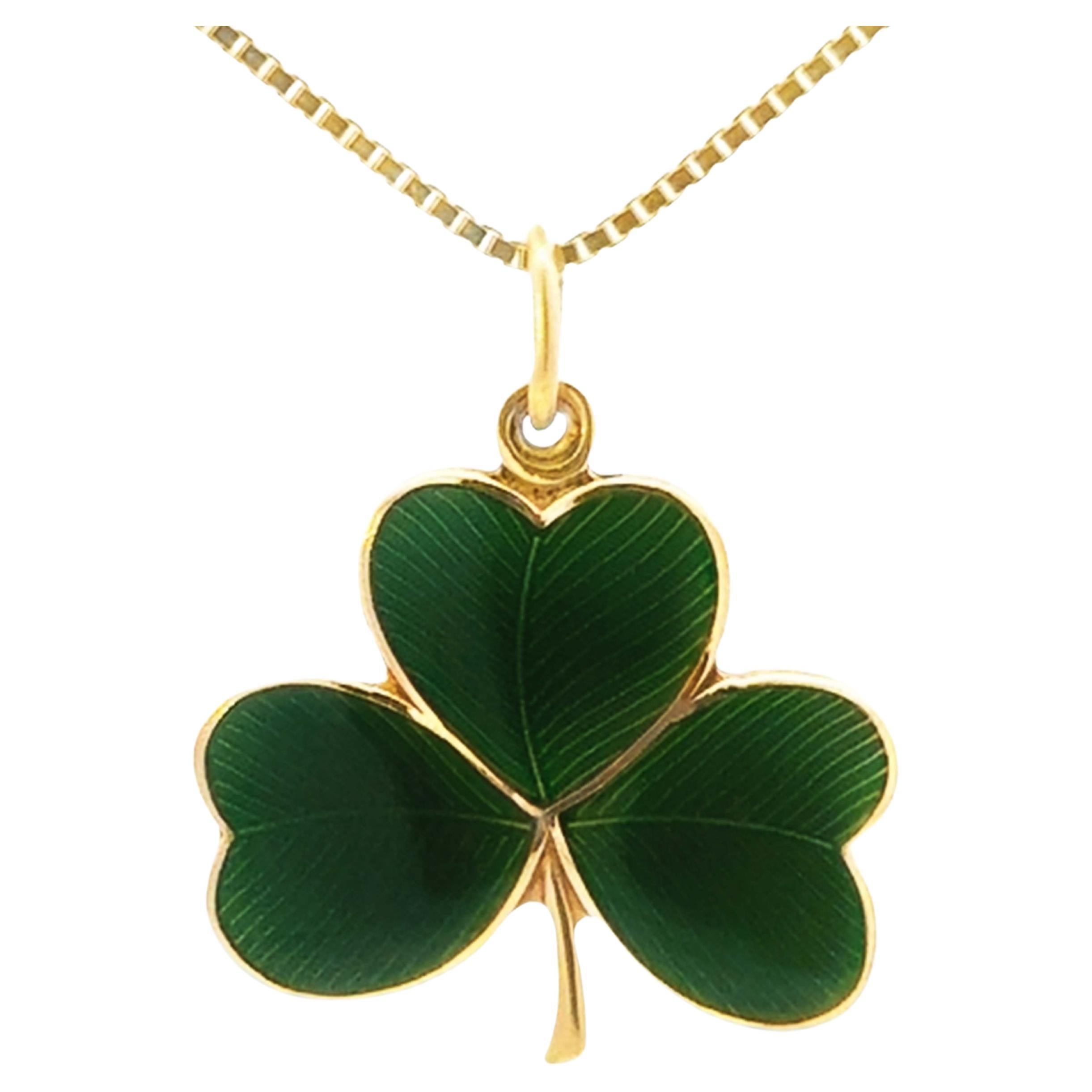 Vintage Green Enamel 3 Leaf Clover Pendant and Box Chain 14K Yellow Gold