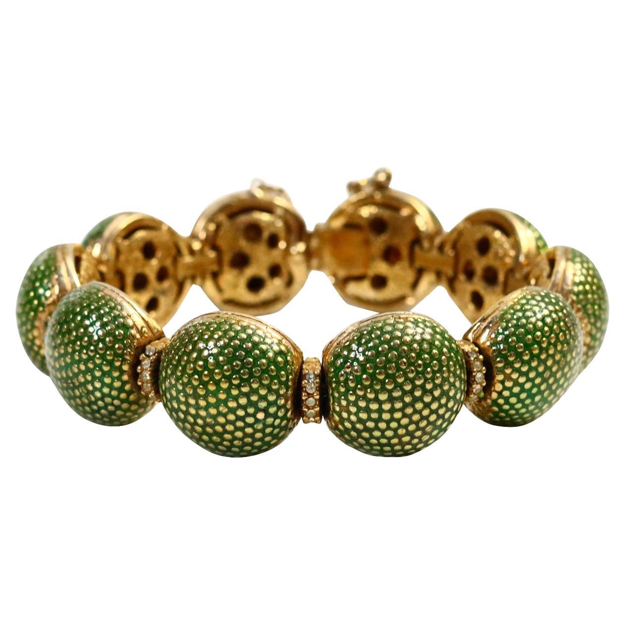 Armband aus grüner Emaille und Gold mit Diamanten, ca. 1980er Jahre