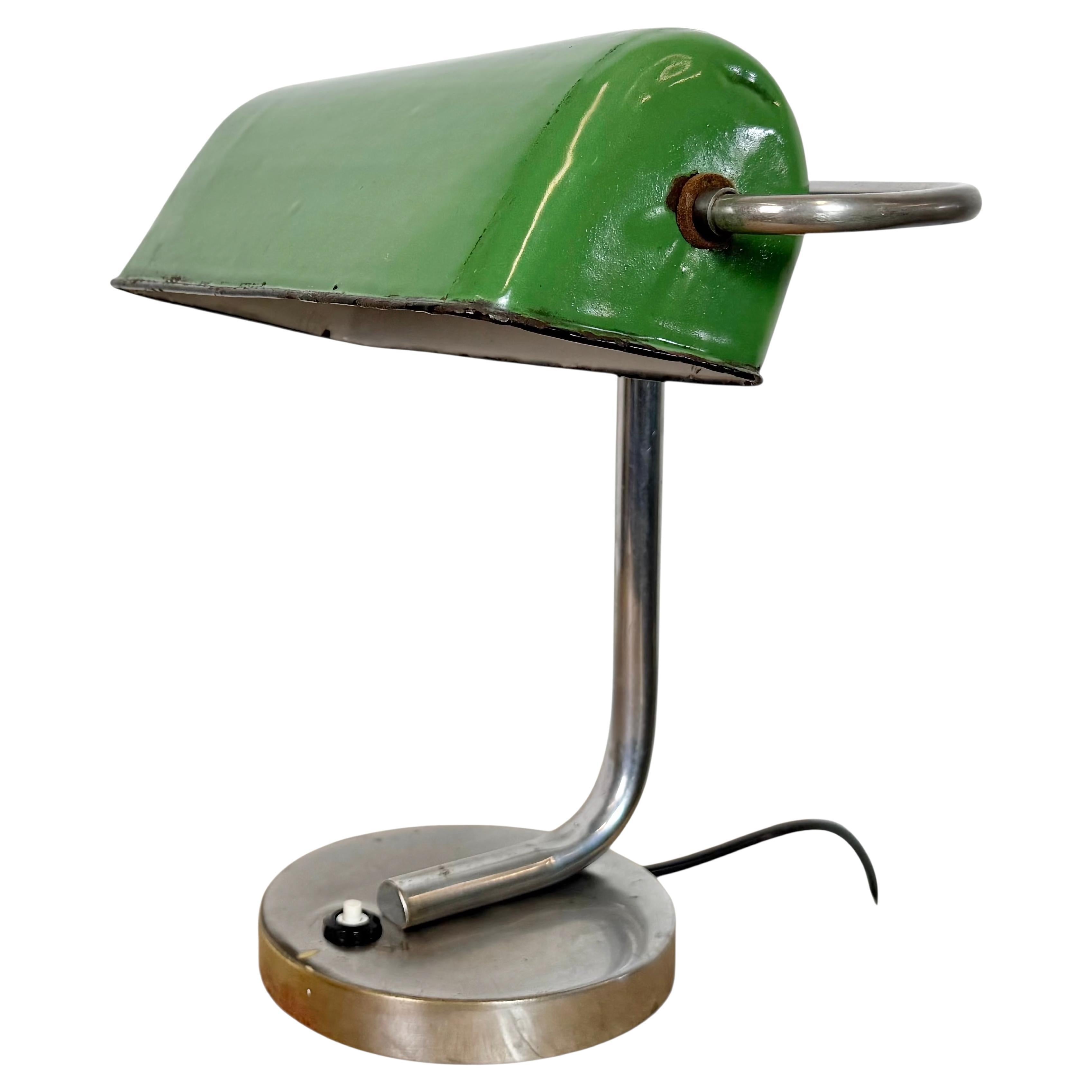 Vintage Green Enamel Banker Lamp, 1950s
