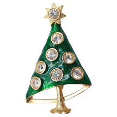 Vintage Green Enamel Christmas Tree Brooch with Rhinestone Ornaments in Gold