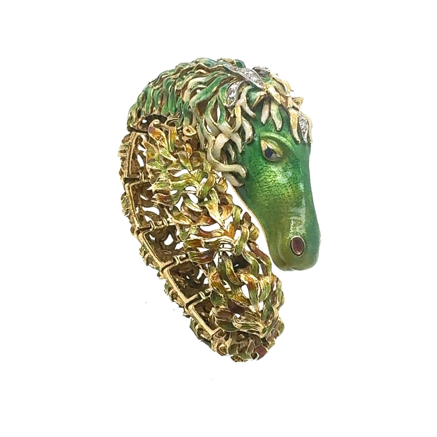 Art Deco Vintage Green Enamel Horse Head Bracelet For Sale