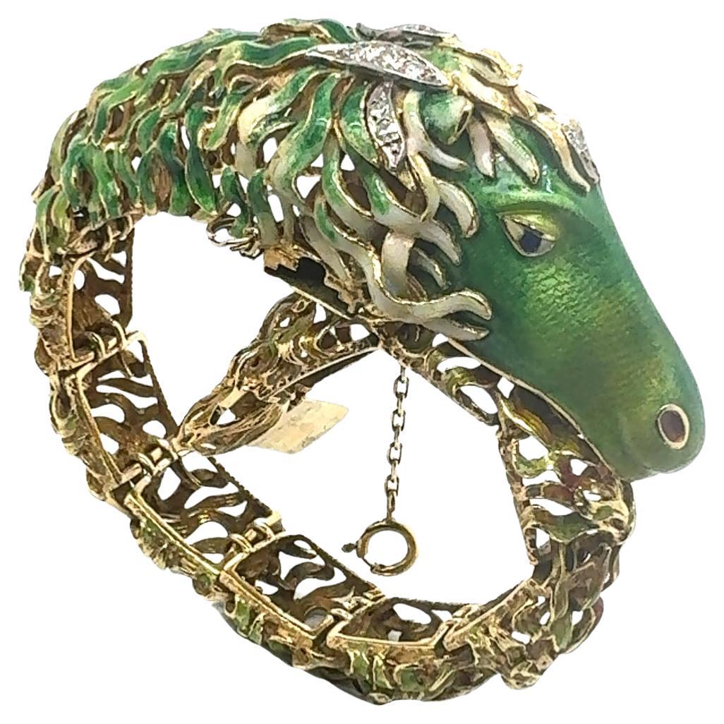 Vintage Green Enamel Horse Head Bracelet For Sale
