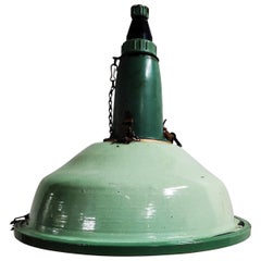 Vintage Green Enamel Industrial Pendant Lights with Glass, 1960s