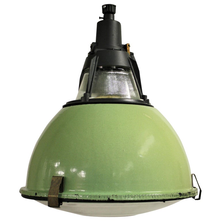 Vintage Green Enamel Industrial Pendant Lights with Glass, Vintage