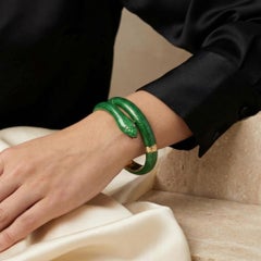 Vintage Green Enamel Snake Bracelet 18KT Gold Circa 1970s