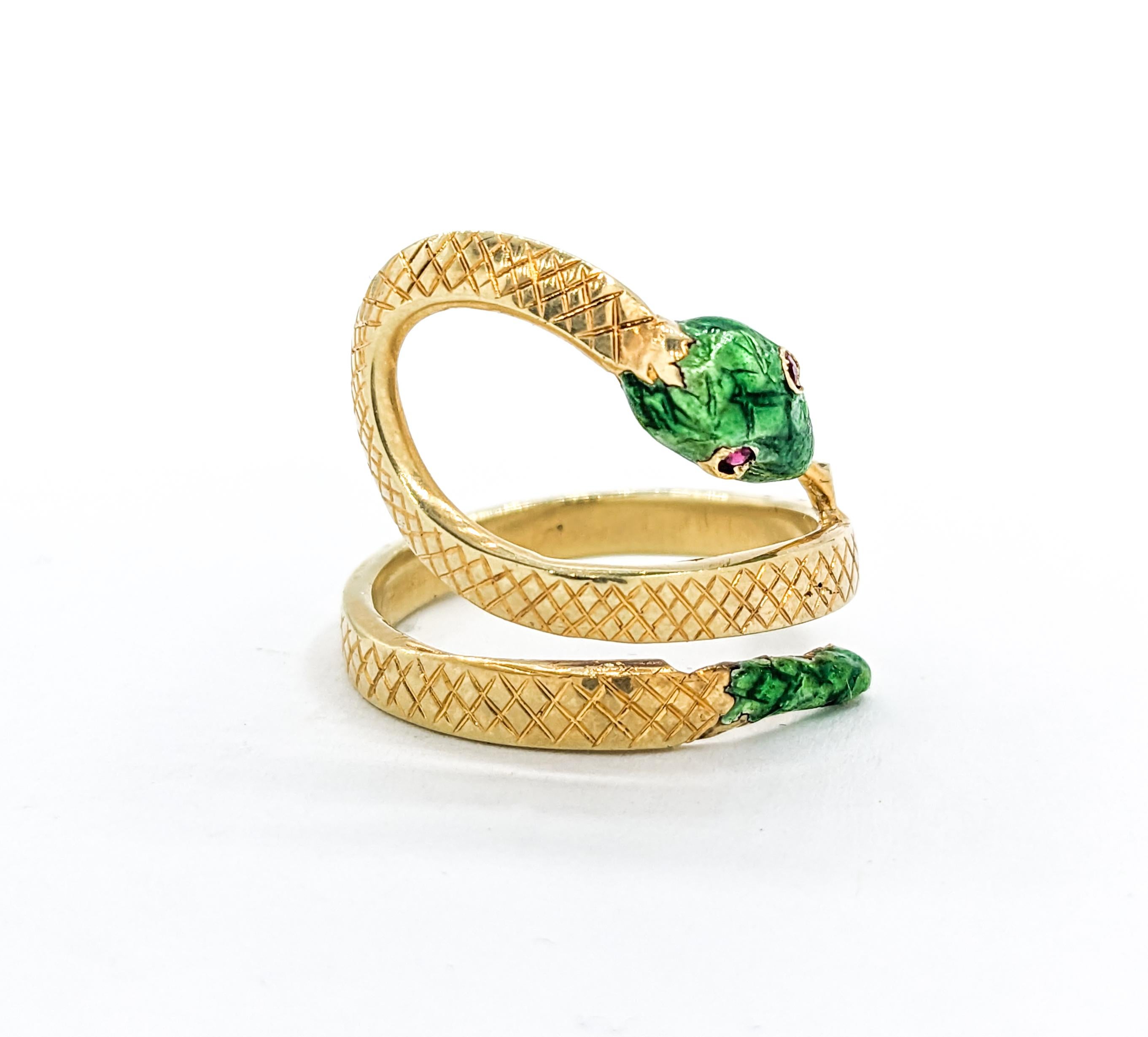 Modern Vintage Green Enamel Snake Ring with Ruby Eyes In Yellow Gold For Sale